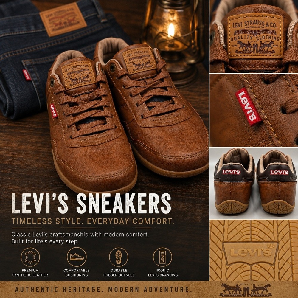 Levi's Men's Casual Sneakers Cognac Brown Synthetic Lace Up Shoes Size 10
